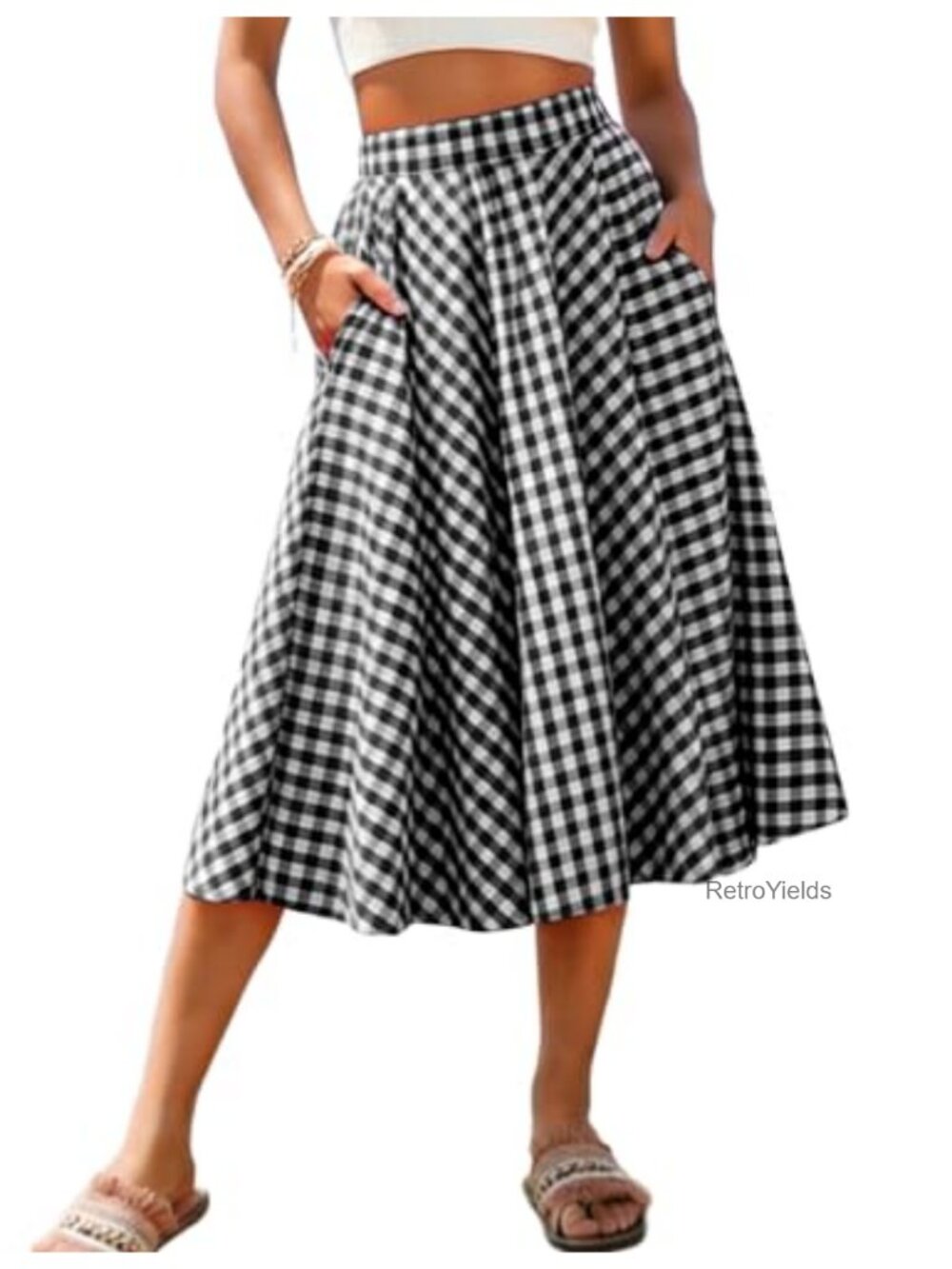 Gingham Plaid Midi Skirt High Waist A-Line Pleated Flowy with Pockets